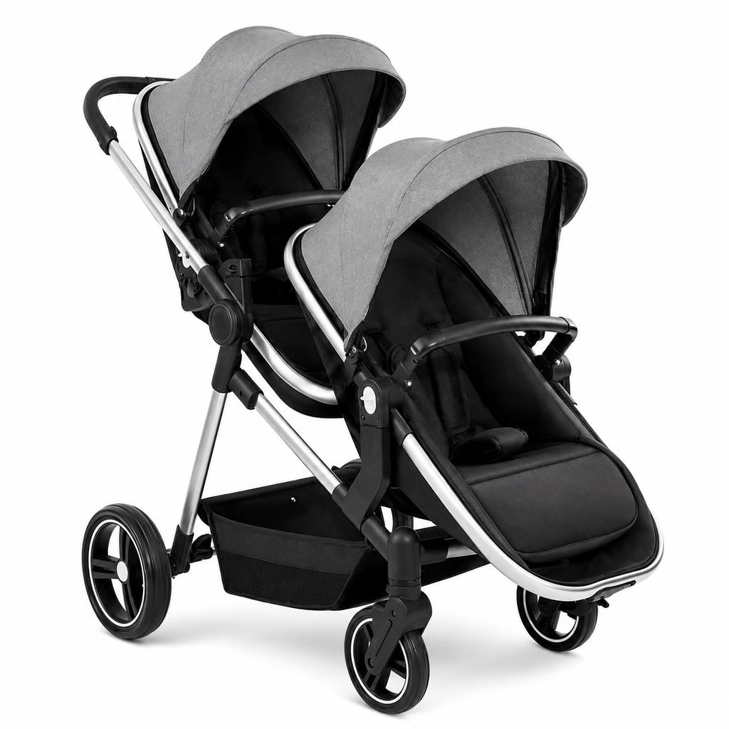 Poussette double pliable jumeaux gris