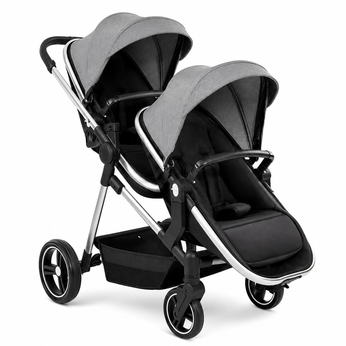 Poussette double pliable jumeaux gris